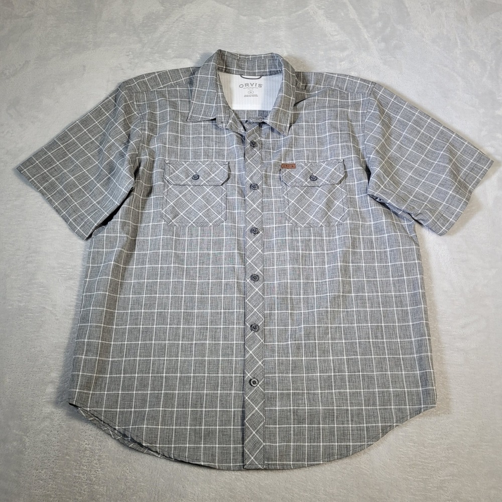 Orvis Button Down Shirt Mens XL Grey Plaid Short Sleeve Performance Outdoor